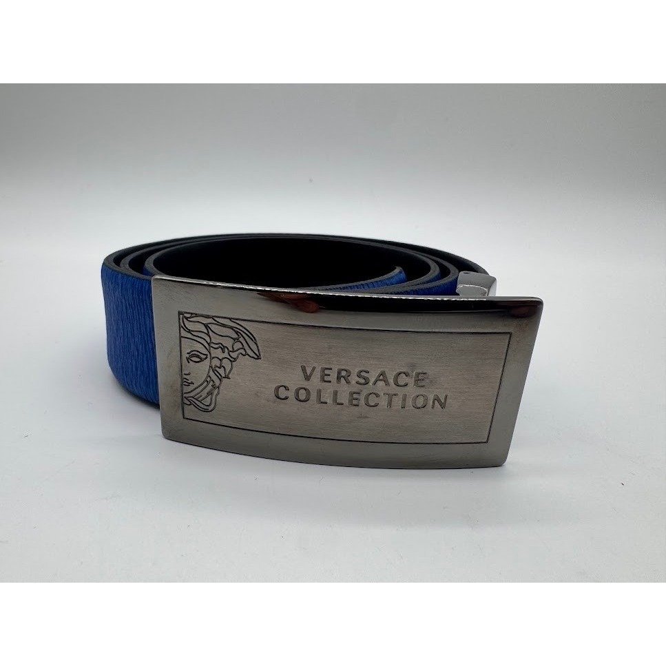 Versace Collection Mens Blue Leather Medusa Plaque Buckle Belt Made In Italy 42
